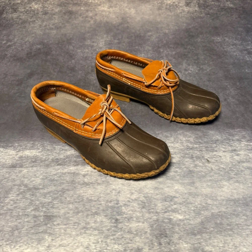 VTG LL Bean Rubber Moc Bean Boots Mens 11 Brown Tan Leather Duck Shoes Made USA